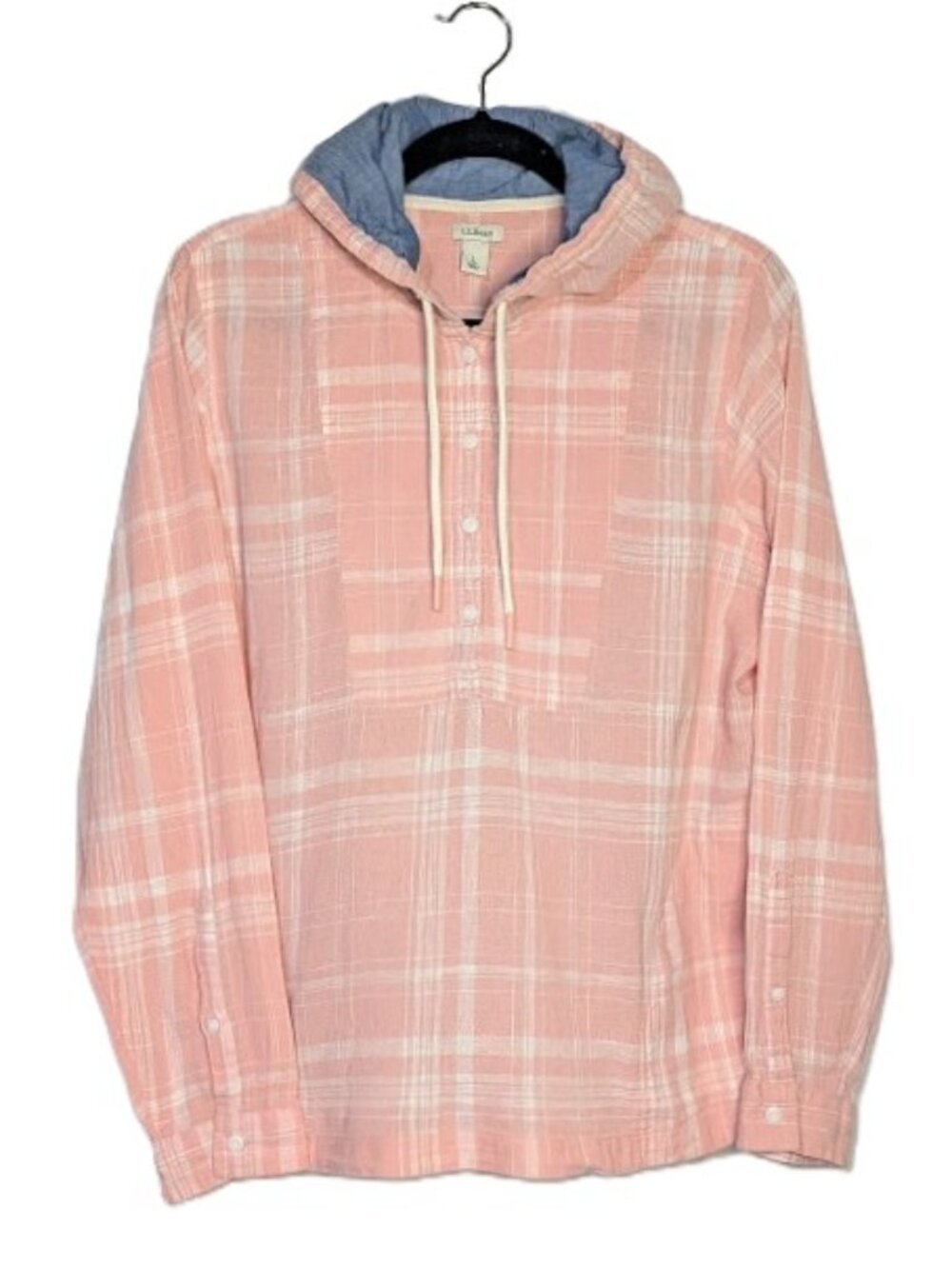 LL Bean Linen Cotton Plaid Anorak Hoodie Pullover Shirt Womens Large L